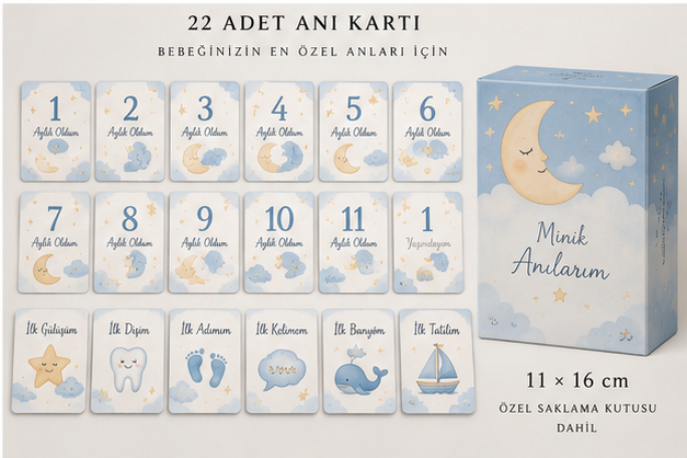 ANI-1003 Mavi Ay & Yıldız Bebek Anı Kartları – 22 Kart + Saklama Kutusu baskı ve saklama kutusu görünümü