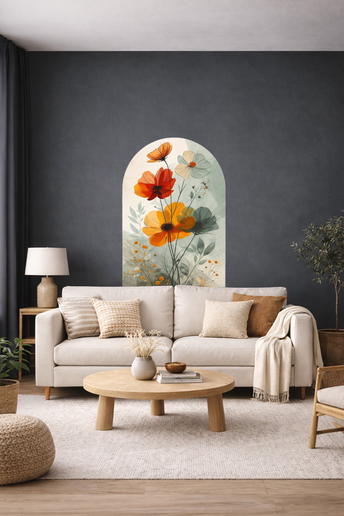 Boho Oval Çiçekli & Çiçek , Manzara Desenli Dekoratif Duvar Sticker Seti - Model-1