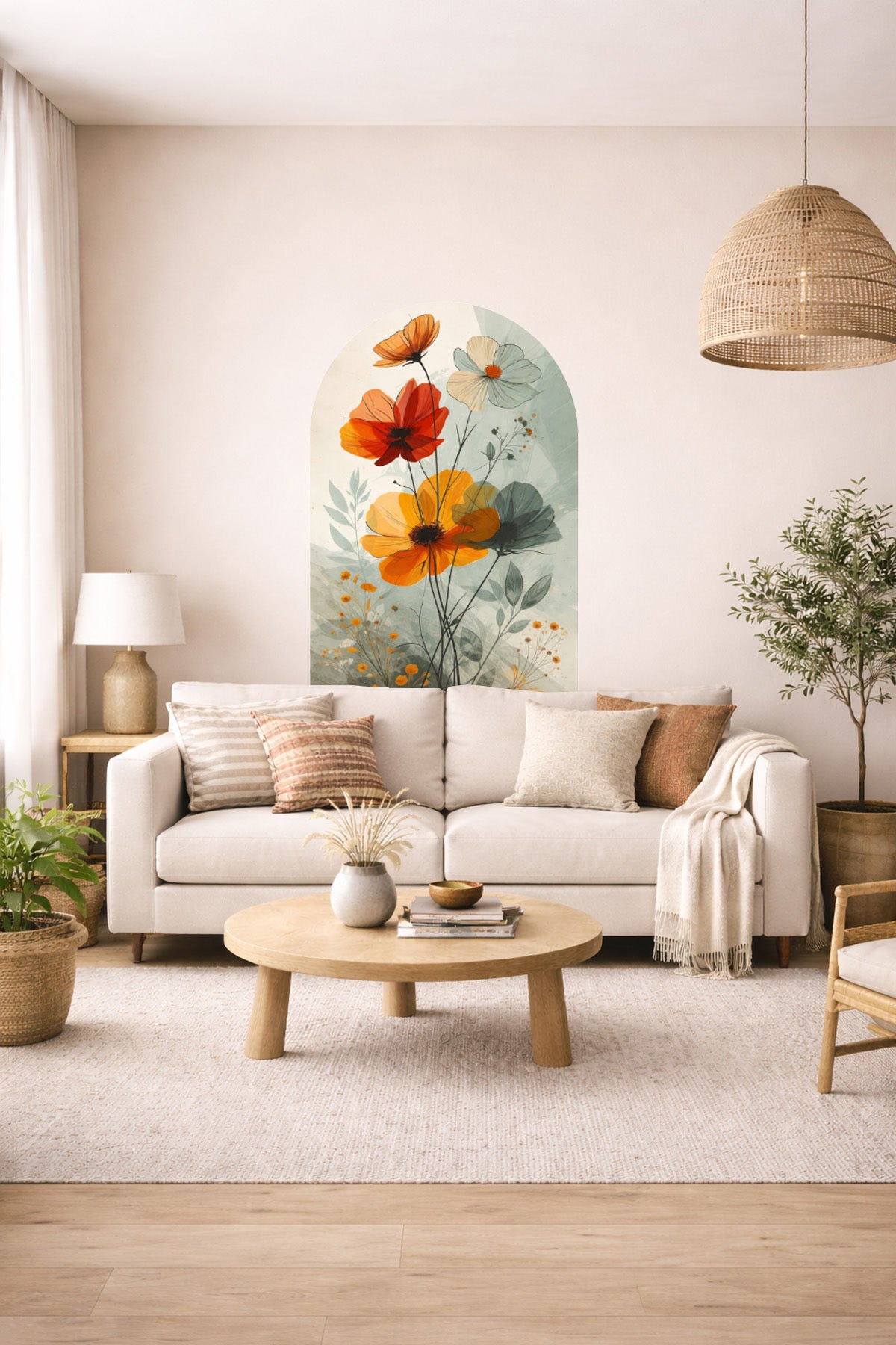 Boho Oval Çiçekli & Çiçek , Manzara Desenli Dekoratif Duvar Sticker Seti - Model-1