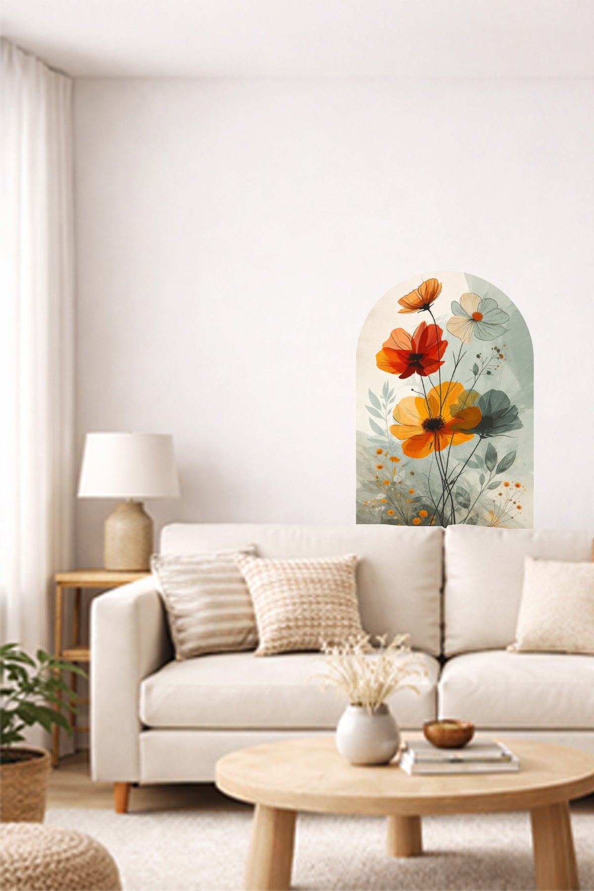 Boho Oval Çiçekli & Çiçek , Manzara Desenli Dekoratif Duvar Sticker Seti - Model-1