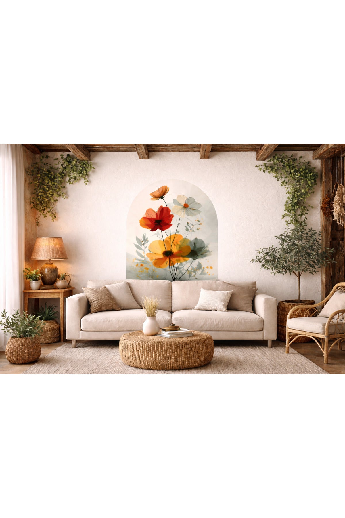 Boho Oval Çiçekli & Çiçek , Manzara Desenli Dekoratif Duvar Sticker Seti - Model-1