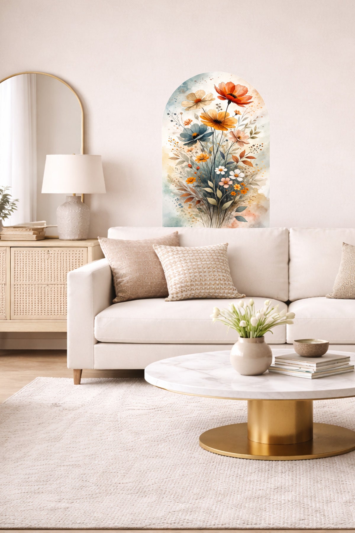 Boho Oval Çiçekli & Çiçek , Manzara Desenli Dekoratif Duvar Sticker Seti - Model-2