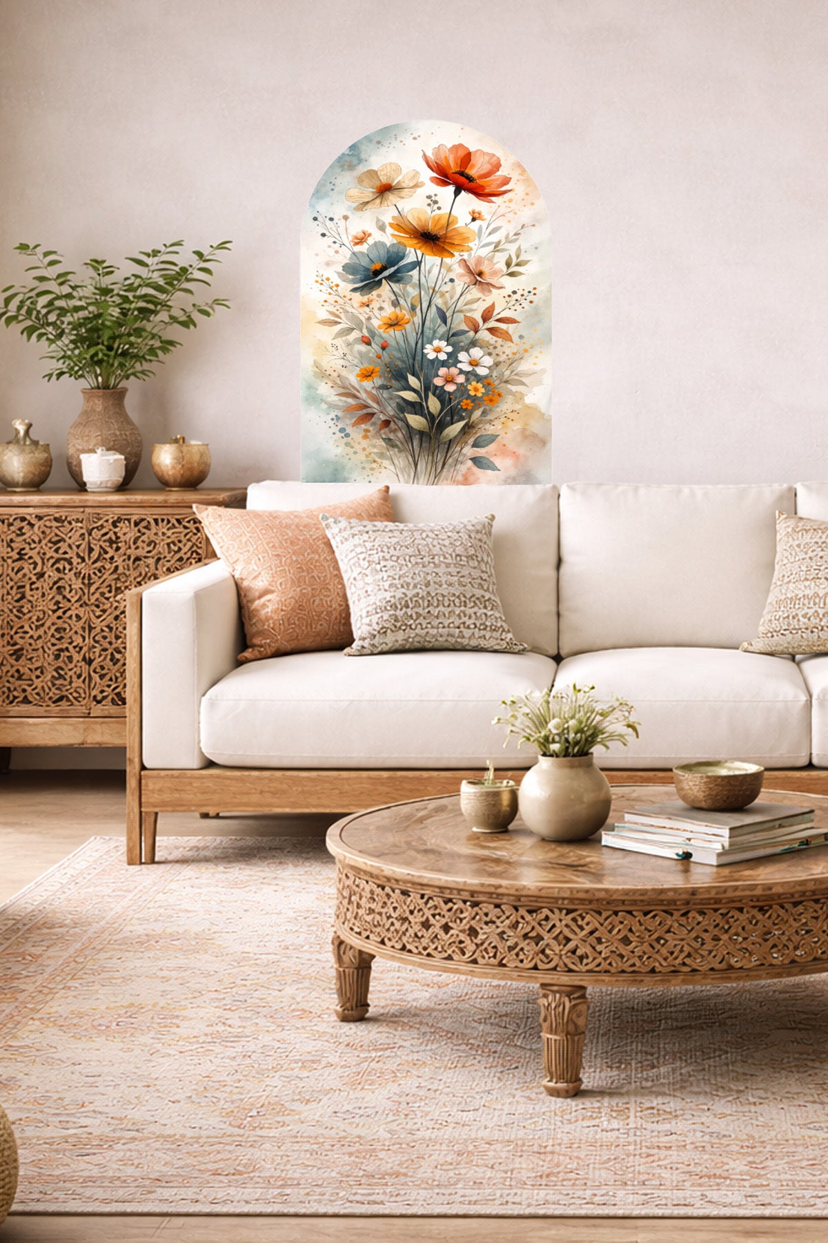 Boho Oval Çiçekli & Çiçek , Manzara Desenli Dekoratif Duvar Sticker Seti - Model-2