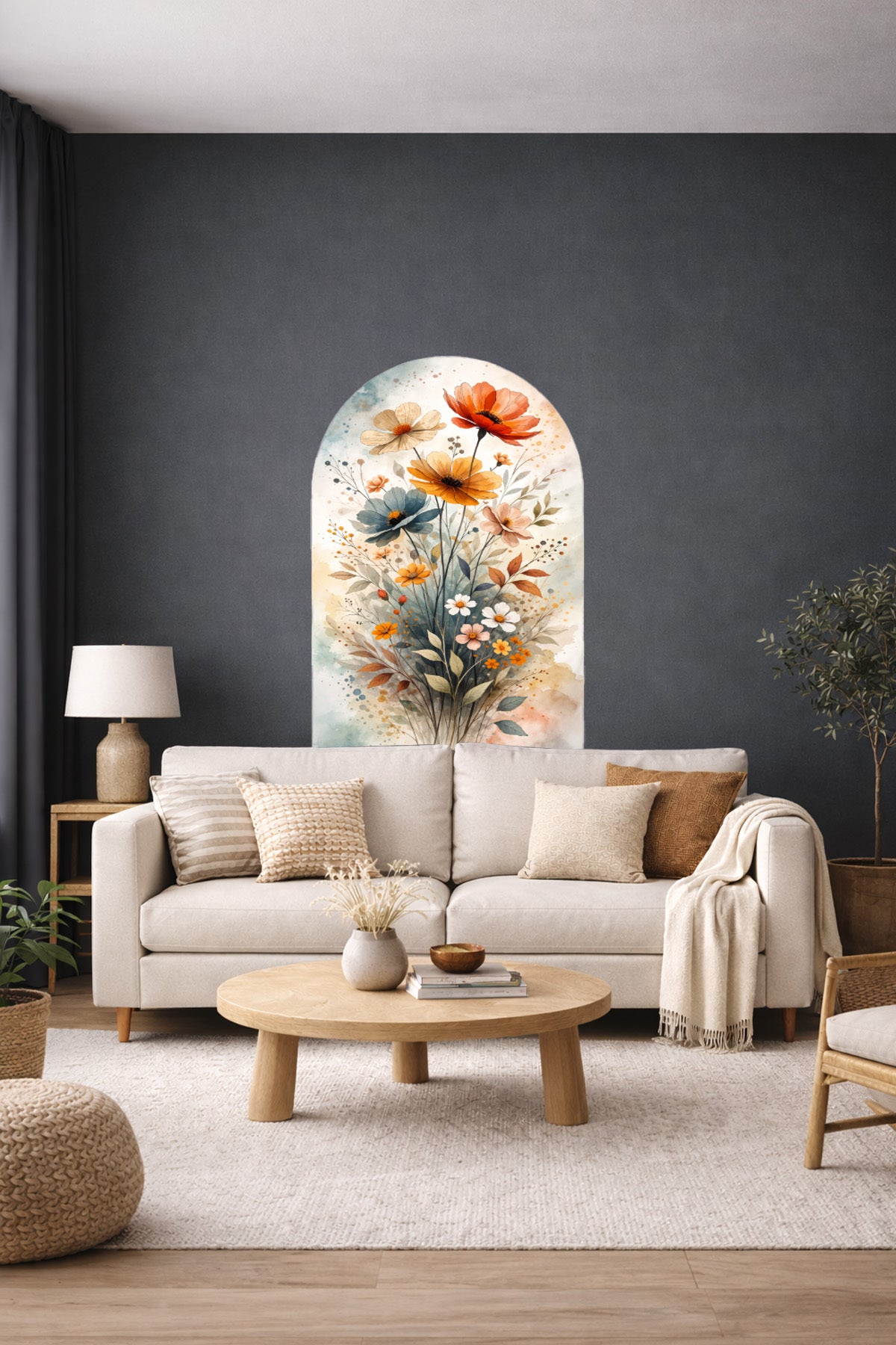 Boho Oval Çiçekli & Çiçek , Manzara Desenli Dekoratif Duvar Sticker Seti - Model-2