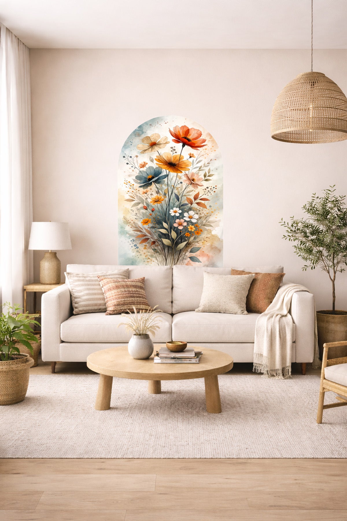 Boho Oval Çiçekli & Çiçek , Manzara Desenli Dekoratif Duvar Sticker Seti - Model-2