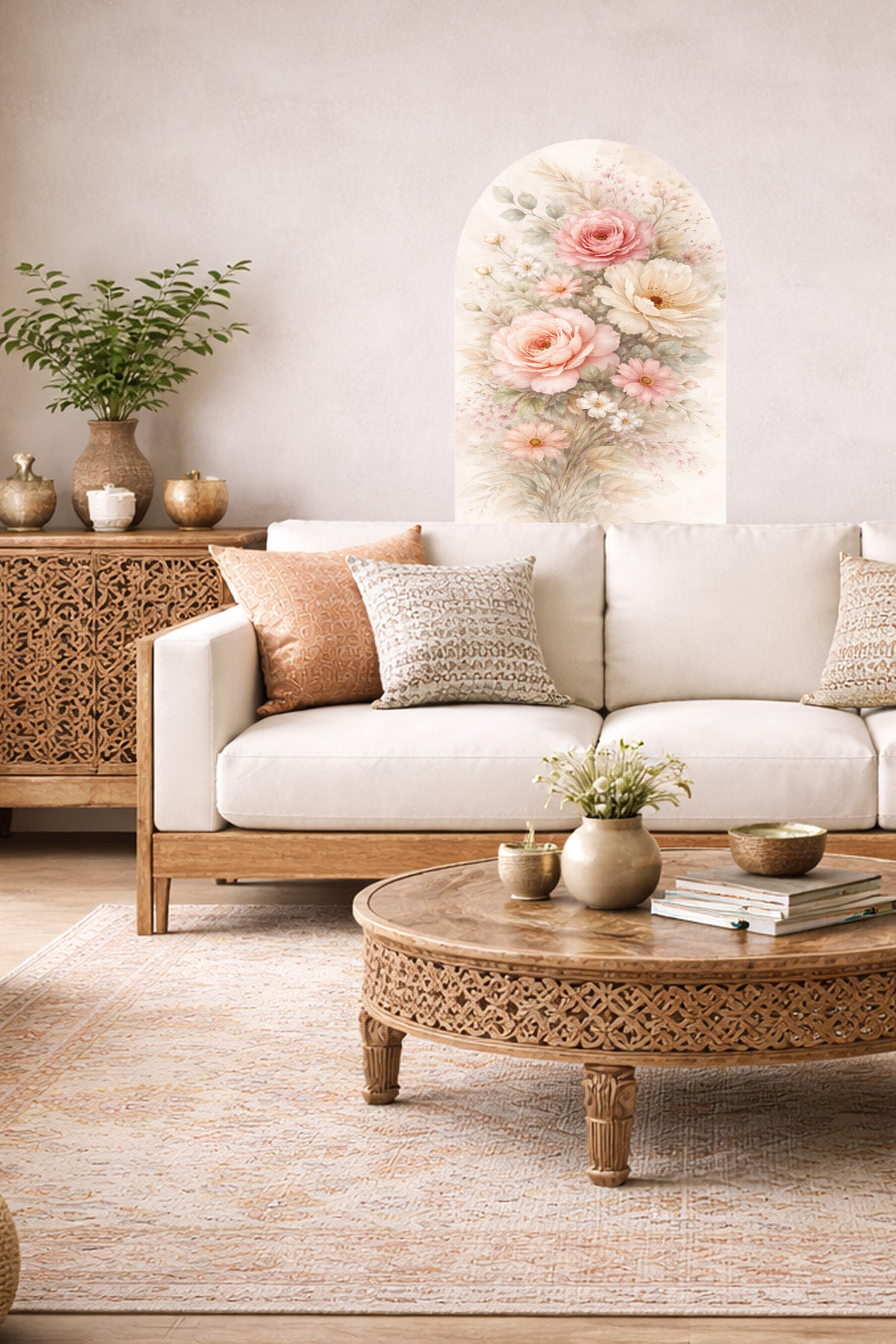 Boho Oval Çiçekli & Çiçek , Manzara Desenli Dekoratif Duvar Sticker Seti - Model-5