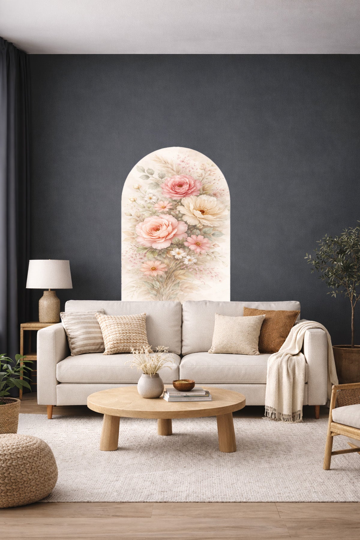 Boho Oval Çiçekli & Çiçek , Manzara Desenli Dekoratif Duvar Sticker Seti - Model-5
