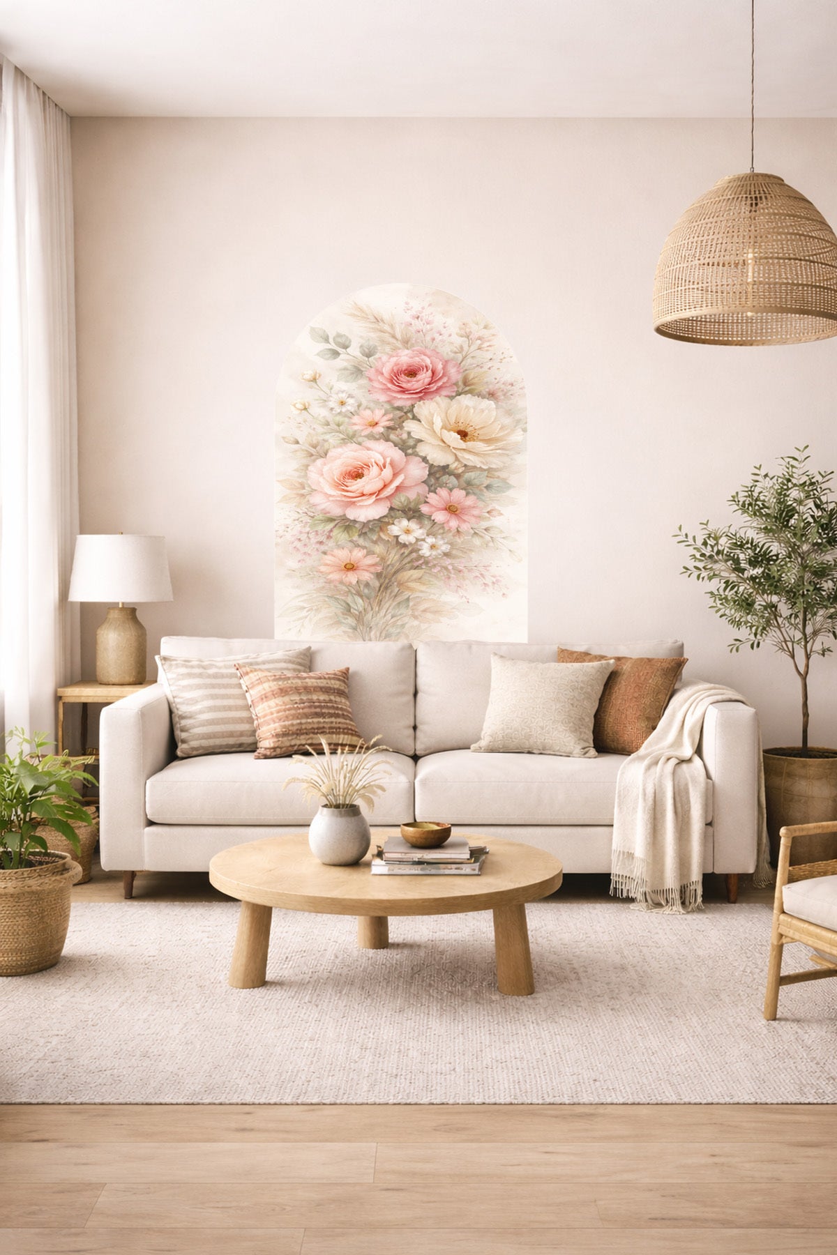 Boho Oval Çiçekli & Çiçek , Manzara Desenli Dekoratif Duvar Sticker Seti - Model-5