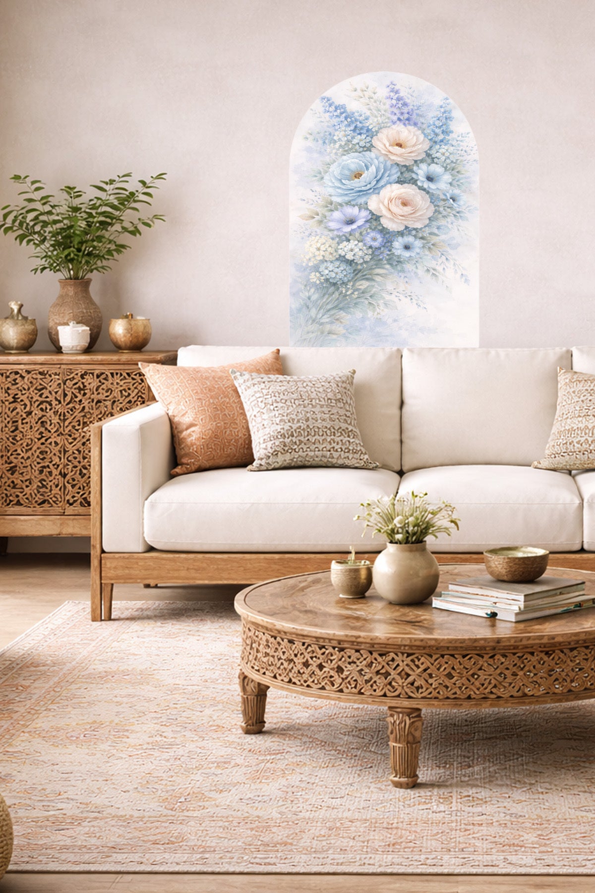 Boho Oval Çiçekli & Çiçek , Manzara Desenli Dekoratif Duvar Sticker Seti - Model-6