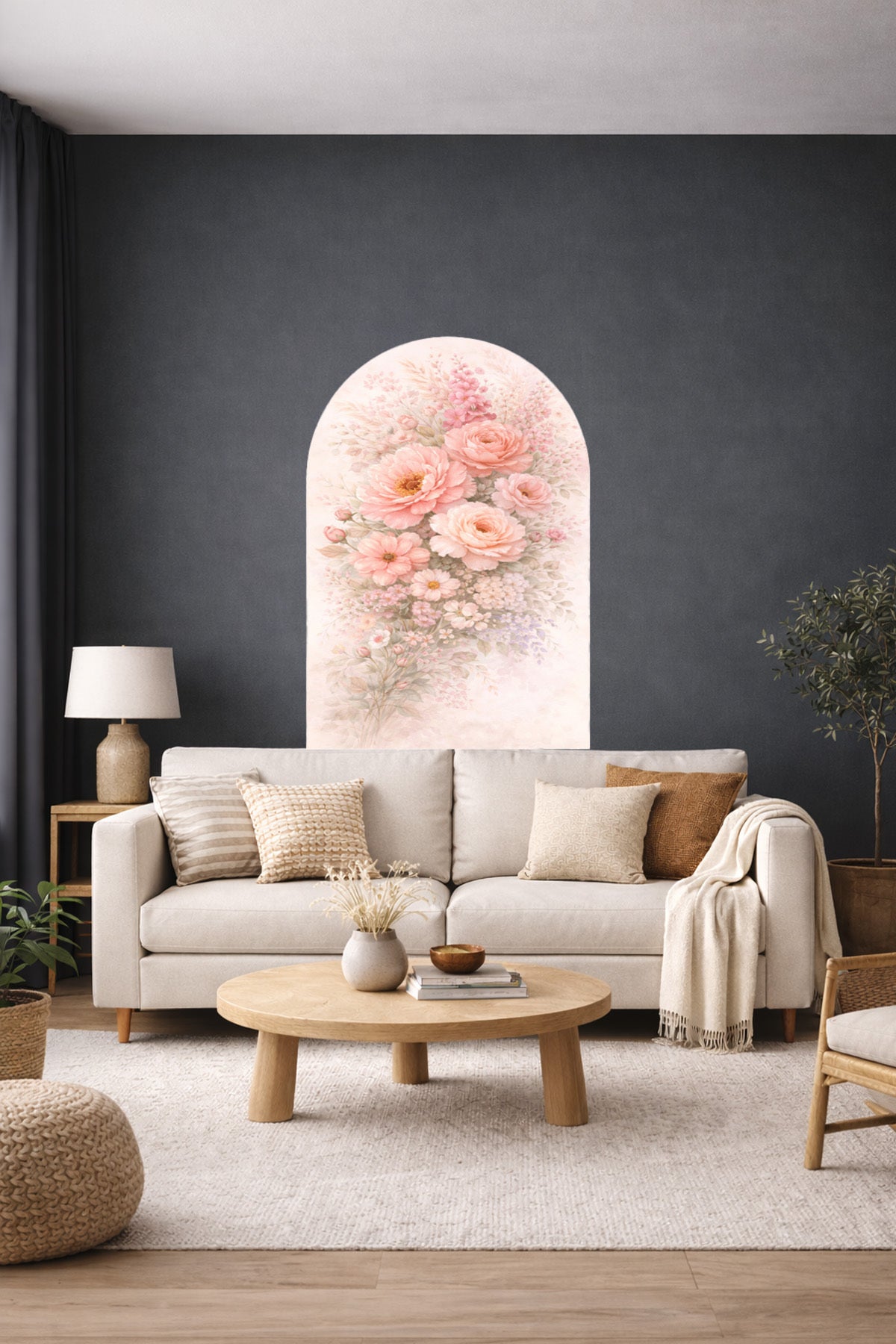 Boho Oval Çiçekli & Çiçek , Manzara Desenli Dekoratif Duvar Sticker Seti - Model-7
