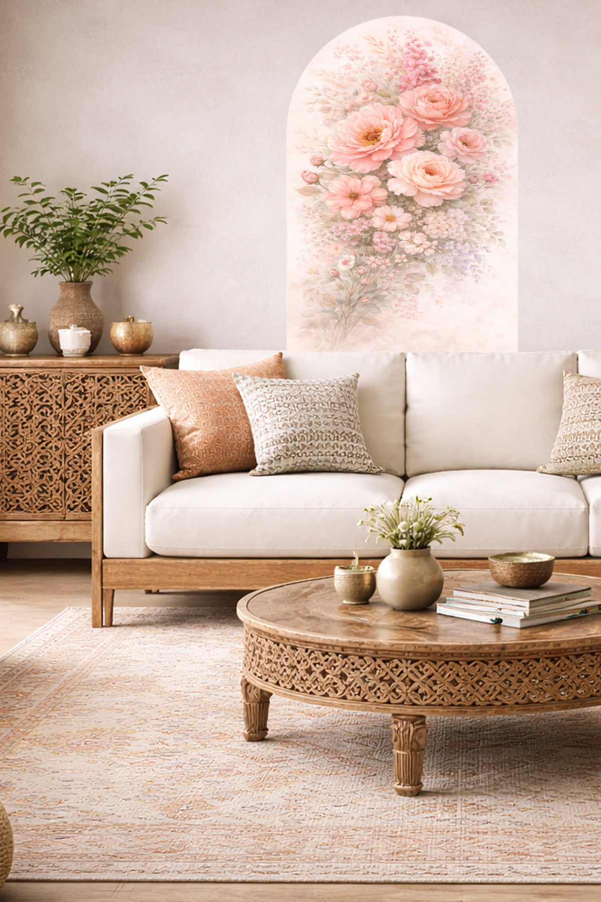 Boho Oval Çiçekli & Çiçek , Manzara Desenli Dekoratif Duvar Sticker Seti - Model-7