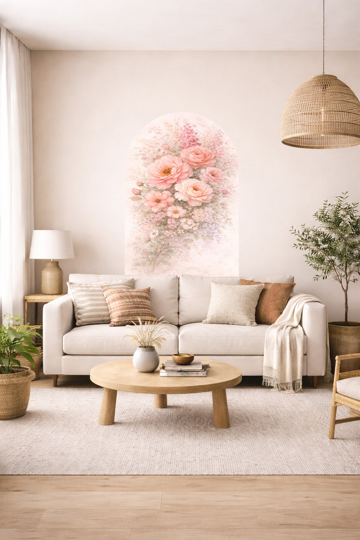 Boho Oval Çiçekli & Çiçek , Manzara Desenli Dekoratif Duvar Sticker Seti - Model-7