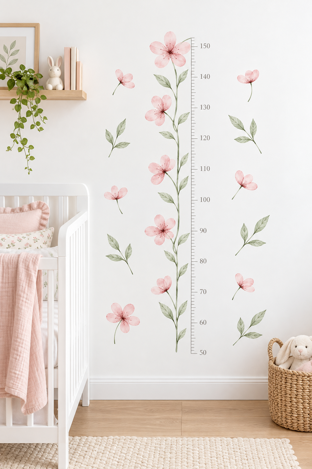 Çiçekli Boy Ölçer Duvar Sticker Pastel Pembe Bebek ve Çocuk Odası Dekorasyon Etiket
