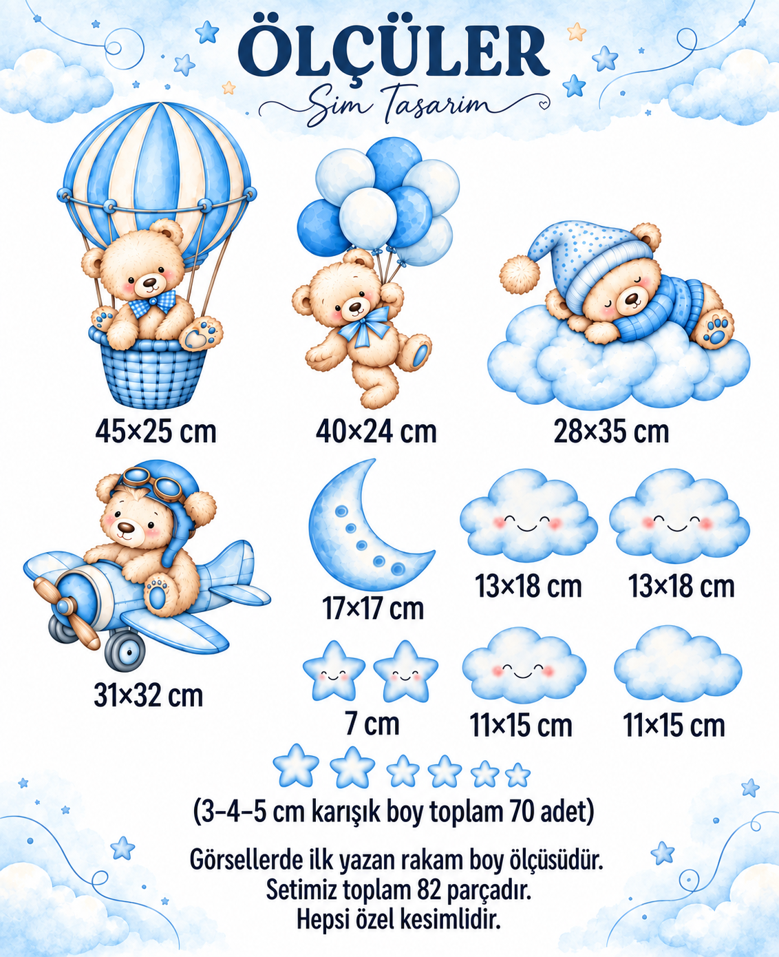 Mavi Ton Ayıcıklar Çocuk Ve Bebek Odası Duvar Kapı Cam Sticker Seti