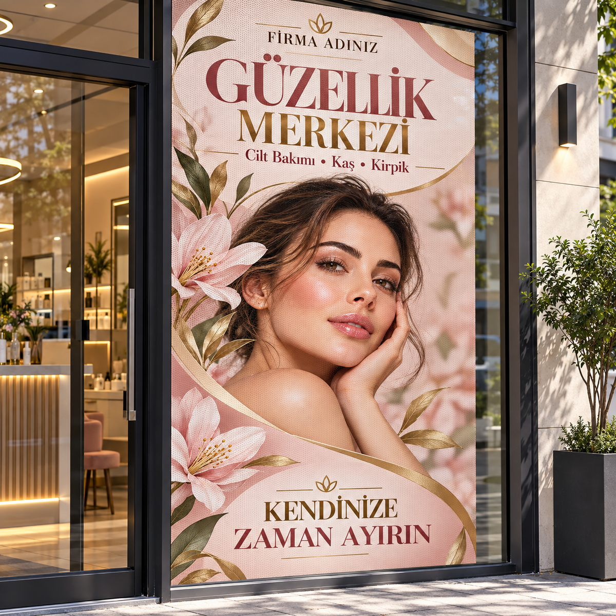 Güzellik Merkezi One Way Vision Delikli Cam Baskısı uygulama mockup