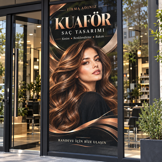 Kuaför Salonu One Way Vision Delikli Cam Baskısı uygulama mockup