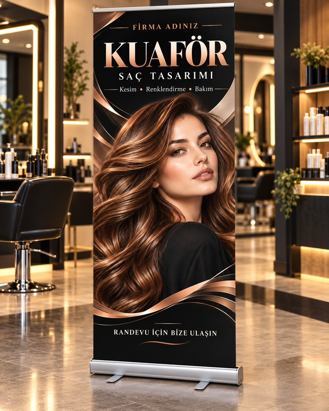 Kuaför Salonu Roll-Up 80 × 200 cm uygulama mockup