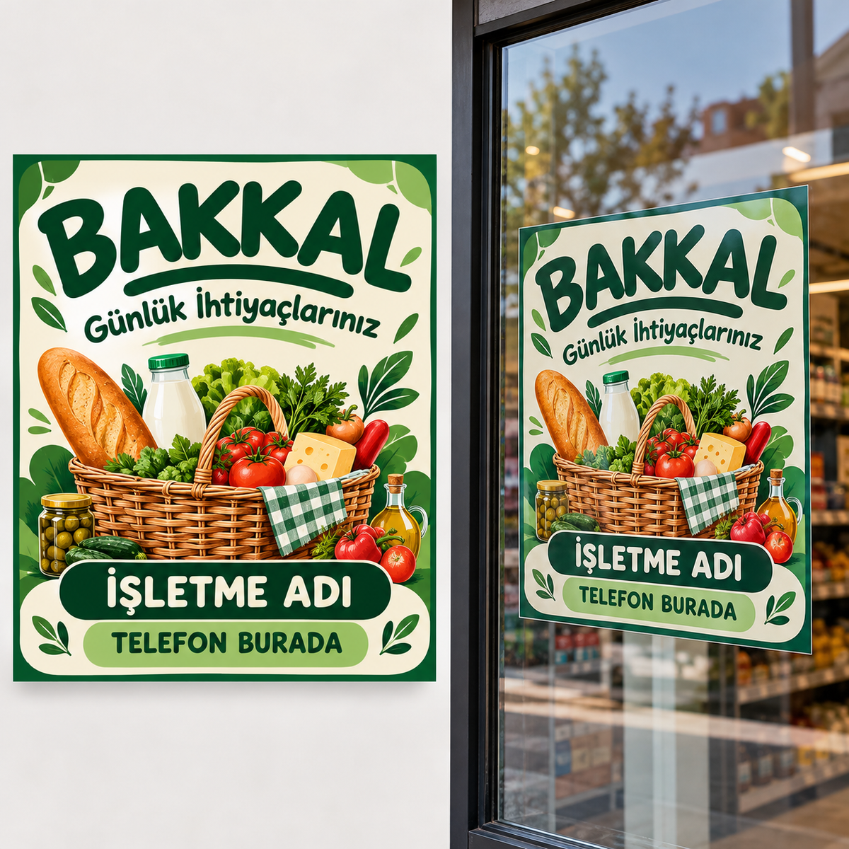 Yeşil Sepet Bakkal Folyo Baskı tasarım ve cam uygulaması mockup