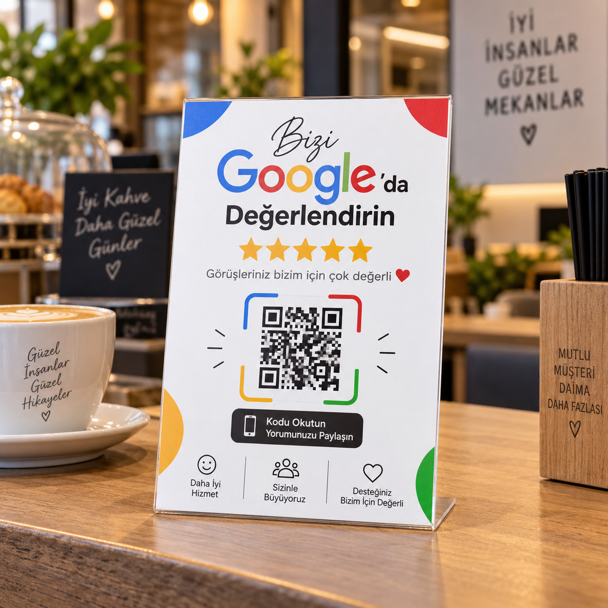 QR-1005 Bizi Google'da Değerlendirin Masa Kartı mockup