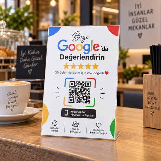 QR-1005 Bizi Google'da Değerlendirin Masa Kartı mockup
