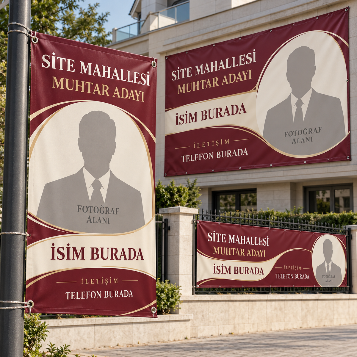 Bordo Kavis Muhtar Adayı Seçim Branda dikey yatay ve bina cephesi örnekleri