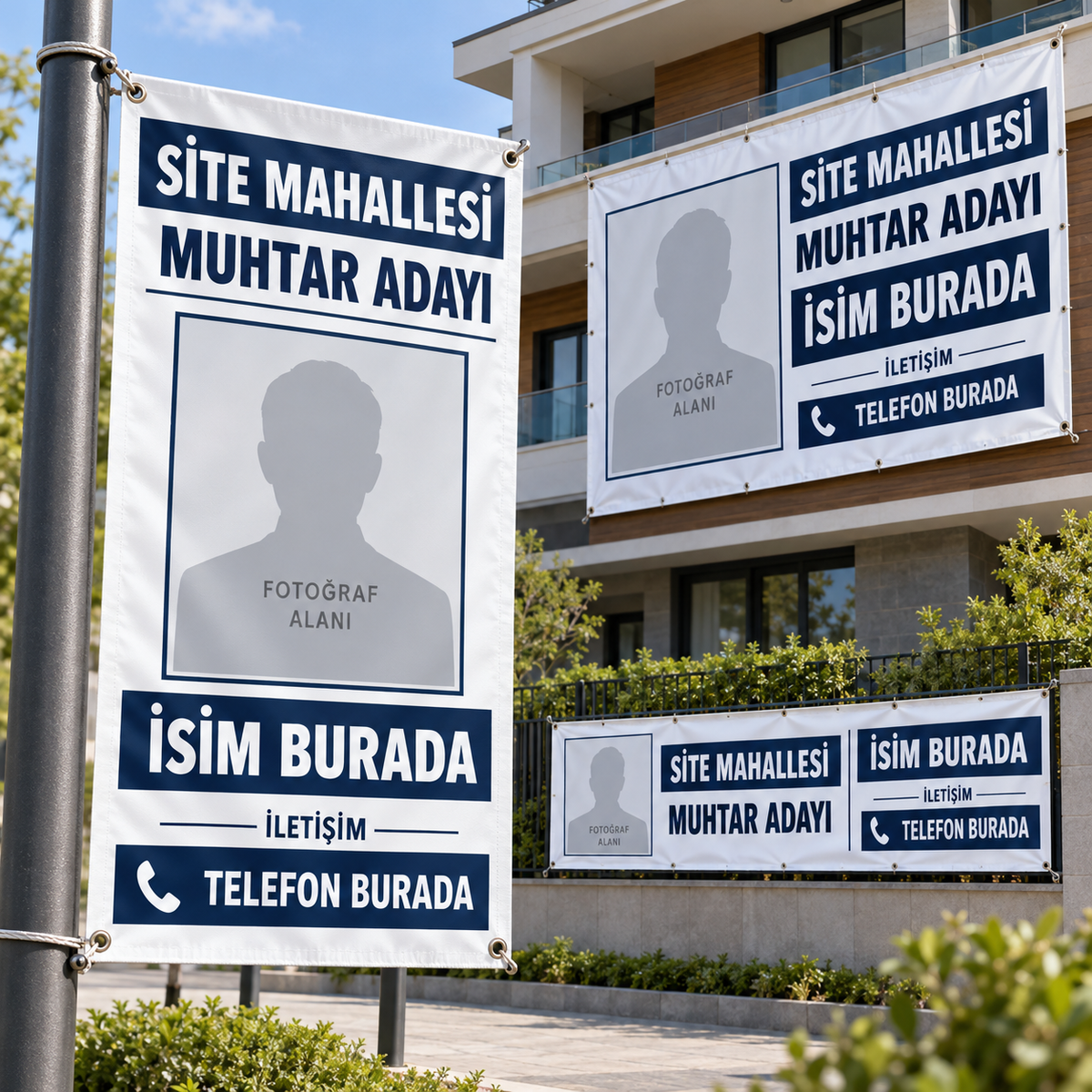 Lacivert Çizgi Muhtar Adayı Seçim Branda dikey yatay ve bina cephesi örnekleri