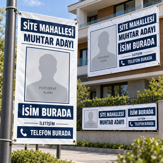 Lacivert Çizgi Muhtar Adayı Seçim Branda dikey yatay ve bina cephesi örnekleri