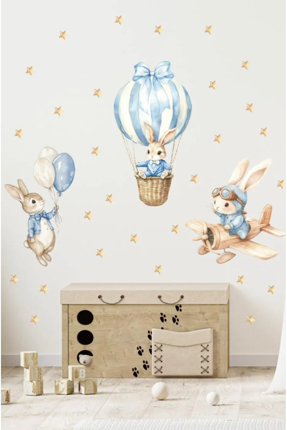 Mavi Balonlu Minik Tavşanlar Çocuk Odası Dekoratif Duvar Sticker Seti