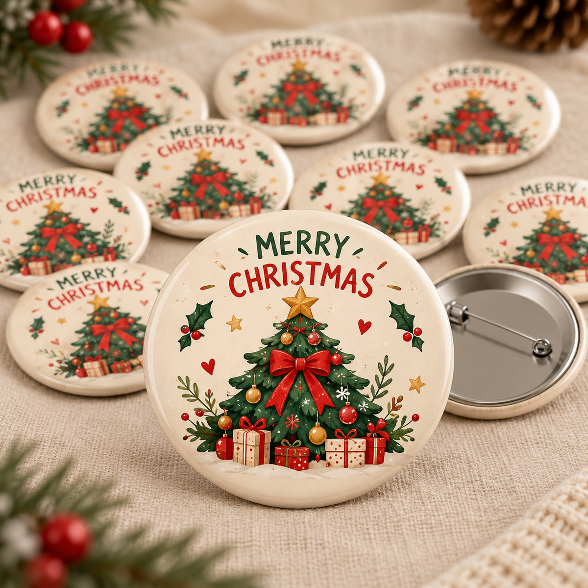 Merry Christmas pin badge, 58 mm, design mockup