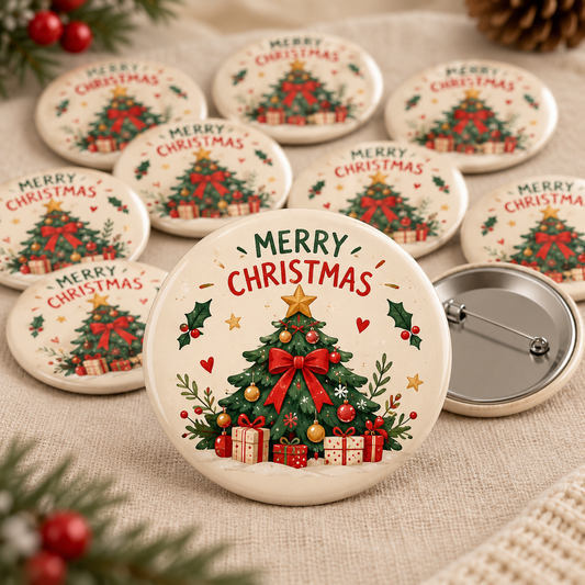 Merry Christmas pin badge, 58 mm, design mockup