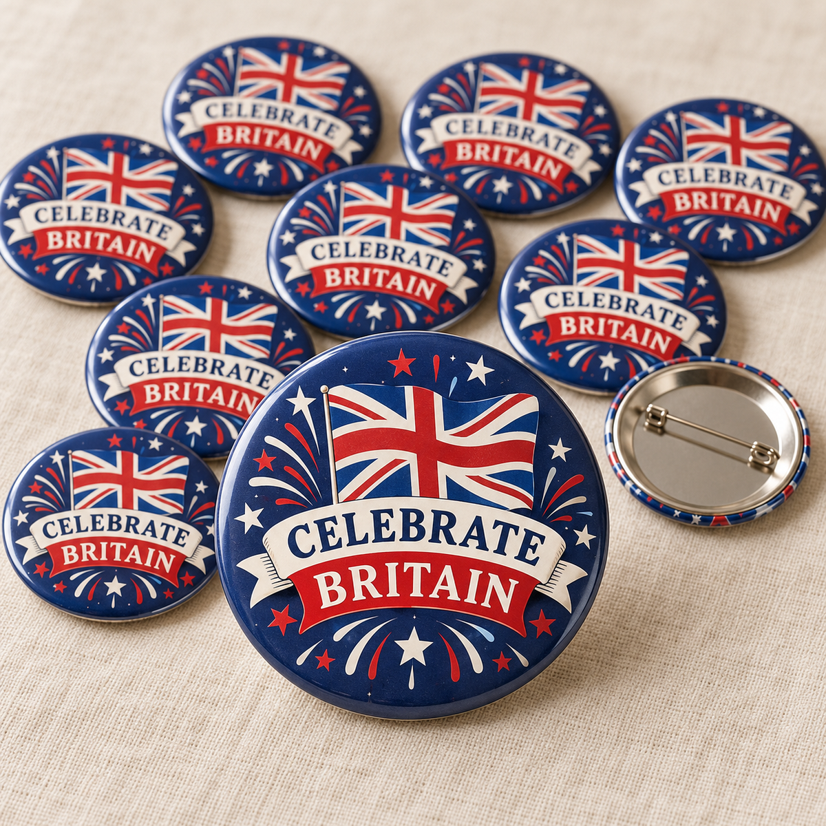 Celebrate Britain pin badge, 58 mm, design mockup