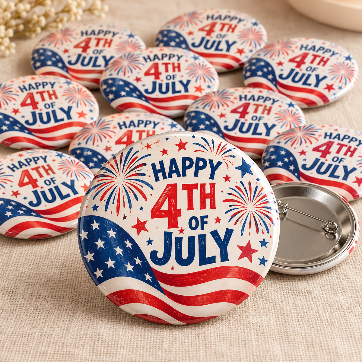 Happy 4th of July pin badge, 58 mm, design mockup