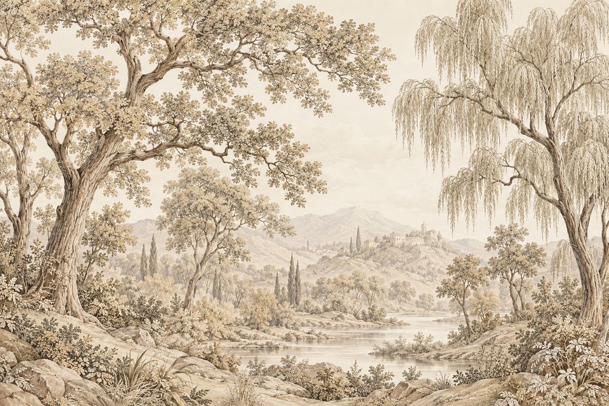 Beige Vintage Trees Wallpaper — flat artwork