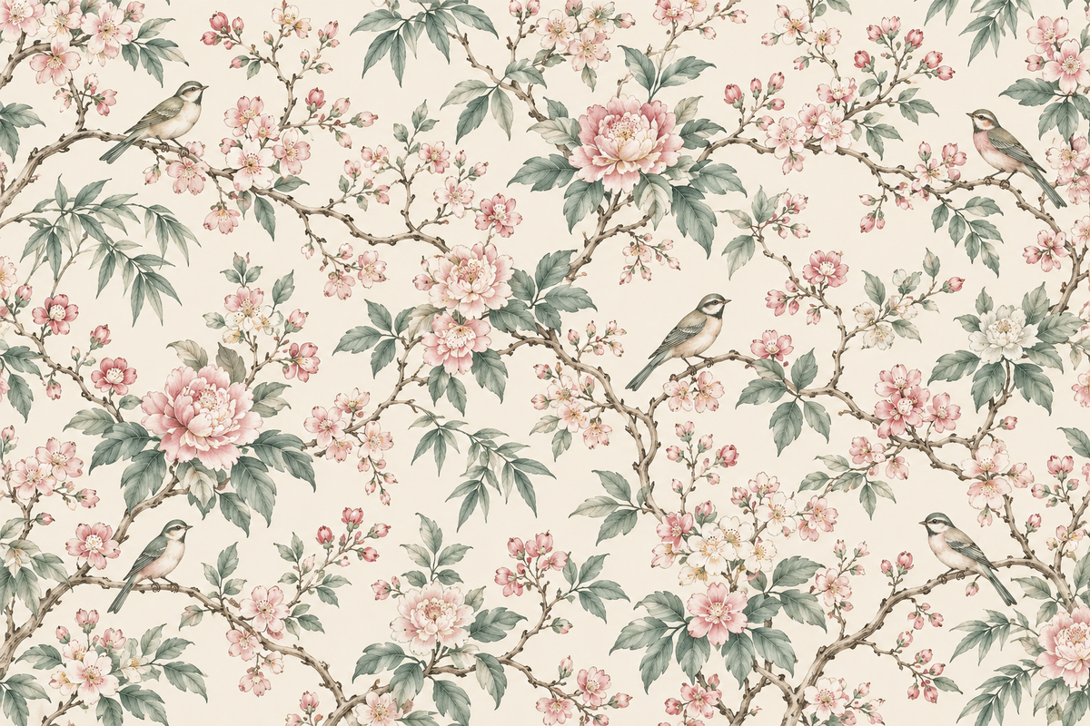 Birds & Blossom Branches Wallpaper — flat artwork