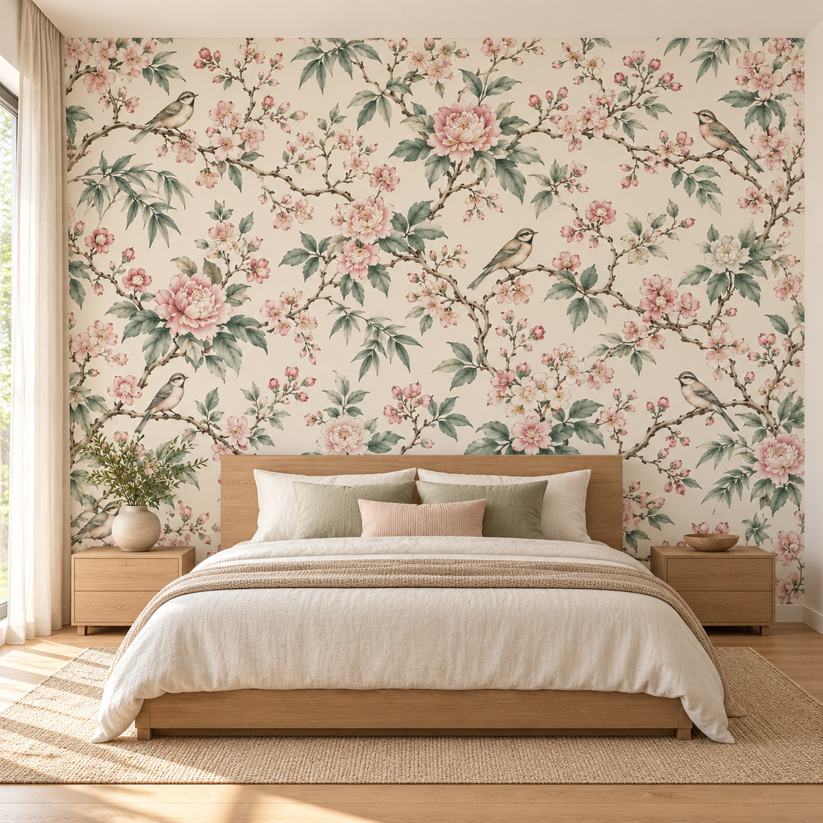 Birds & Blossom Branches Wallpaper — room visualisation