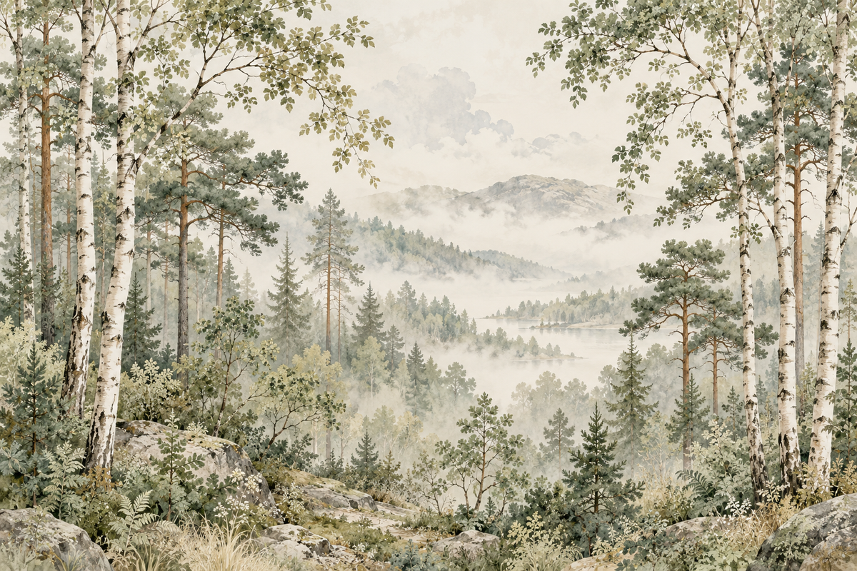 Misty Green Forest Wallpaper — flat artwork