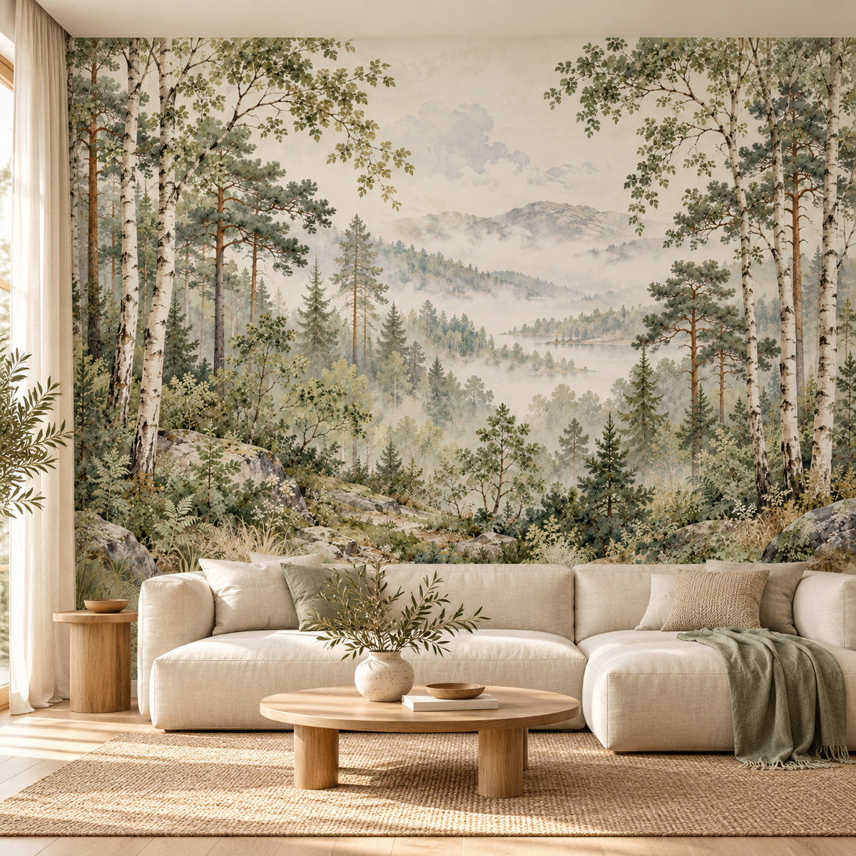 Misty Green Forest Wallpaper — room visualisation