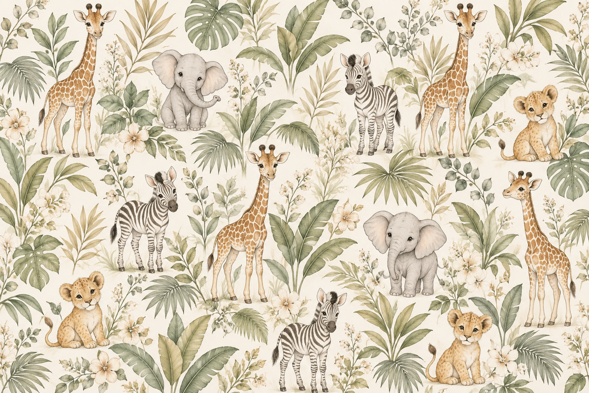 Safari Animals & Leaves Wallpaper — flat artwork