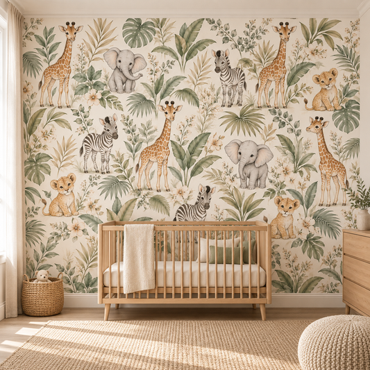 Safari Animals & Leaves Wallpaper — room visualisation