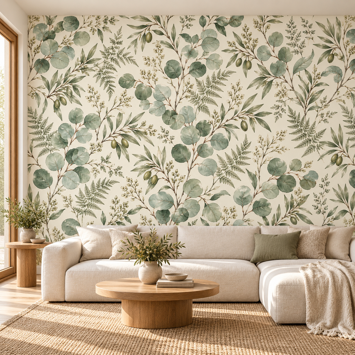 Sage Botanical Leaves Wallpaper — room visualisation