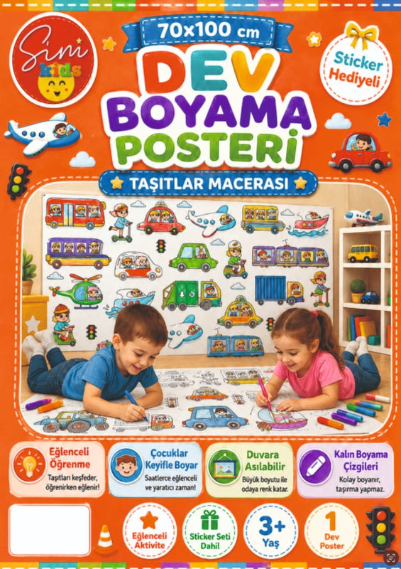 Dev Boyama Posteri – Eğlenceli Tatil Aktiviteleri üstelik Sticker Hediyeli ! Taşıtlar Tema