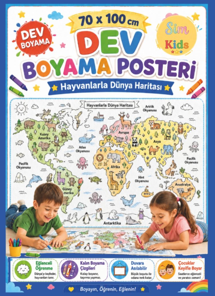 Dev Boyama Posteri–Eğlenceli Tatil Aktiviteleri Sticker Hediyeli ! Dünya Haritası Tema