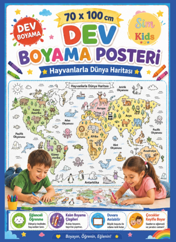 Dev Boyama Posteri–Eğlenceli Tatil Aktiviteleri Sticker Hediyeli ! Dünya Haritası Tema