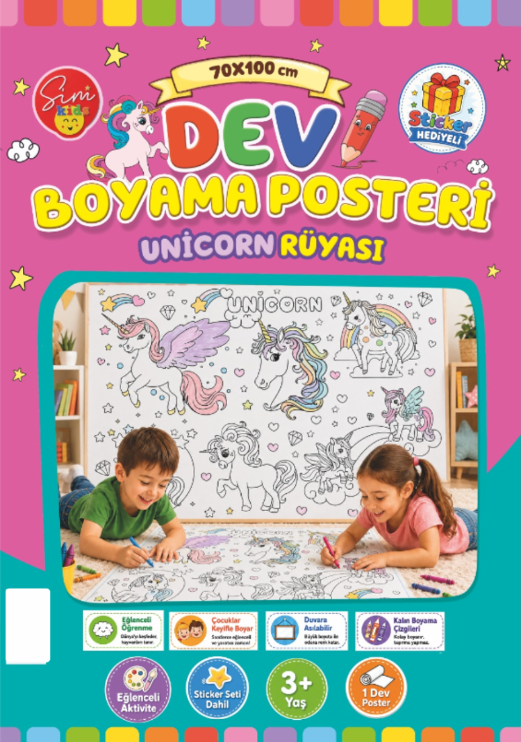 Dev Boyama Posteri–Eğlenceli Tatil Aktiviteleri Sticker Hediyeli ! Unicorn Tema