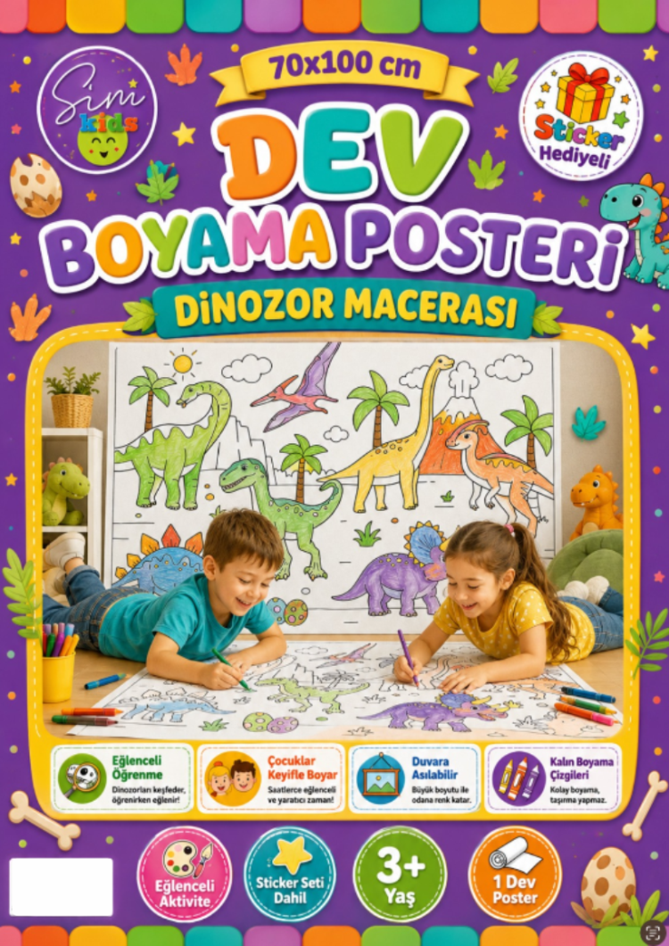 Dev Boyama Posteri–Eğlenceli Tatil Aktiviteleri Sticker Hediyeli ! Dinozor Tema