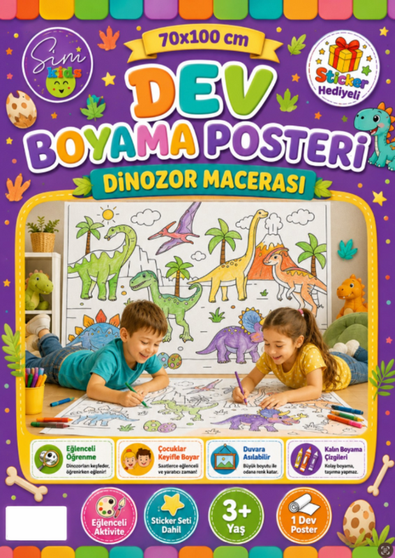 Dev Boyama Posteri–Eğlenceli Tatil Aktiviteleri Sticker Hediyeli ! Dinozor Tema