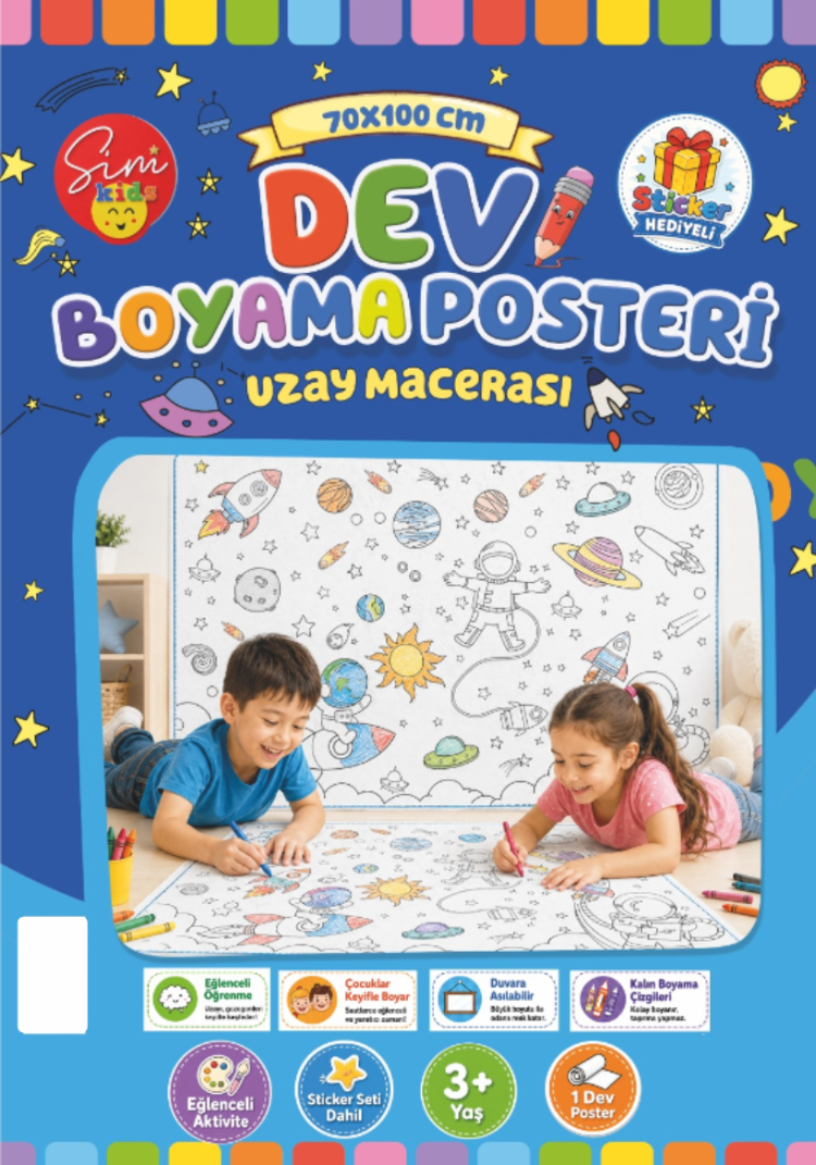 Dev Boyama Kağıdı–Eğlenceli Tatil Aktiviteleri Sticker Hediyeli ! Uzay Tema