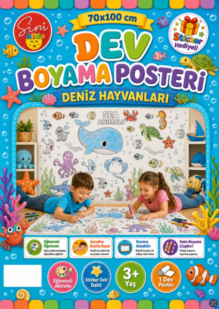 Dev Boyama Posteri–Eğlenceli Tatil Aktiviteleri Sticker Hediyeli ! Deniz Hayvanları Tema