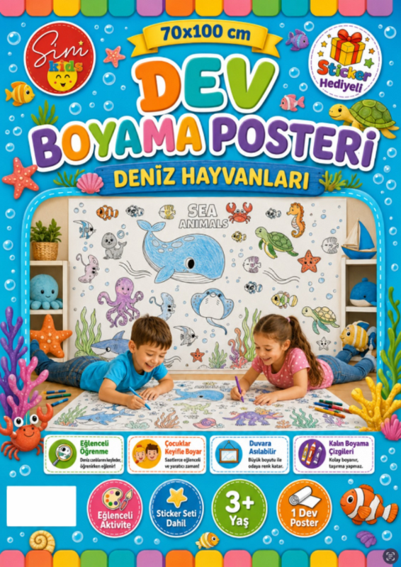Dev Boyama Posteri–Eğlenceli Tatil Aktiviteleri Sticker Hediyeli ! Deniz Hayvanları Tema