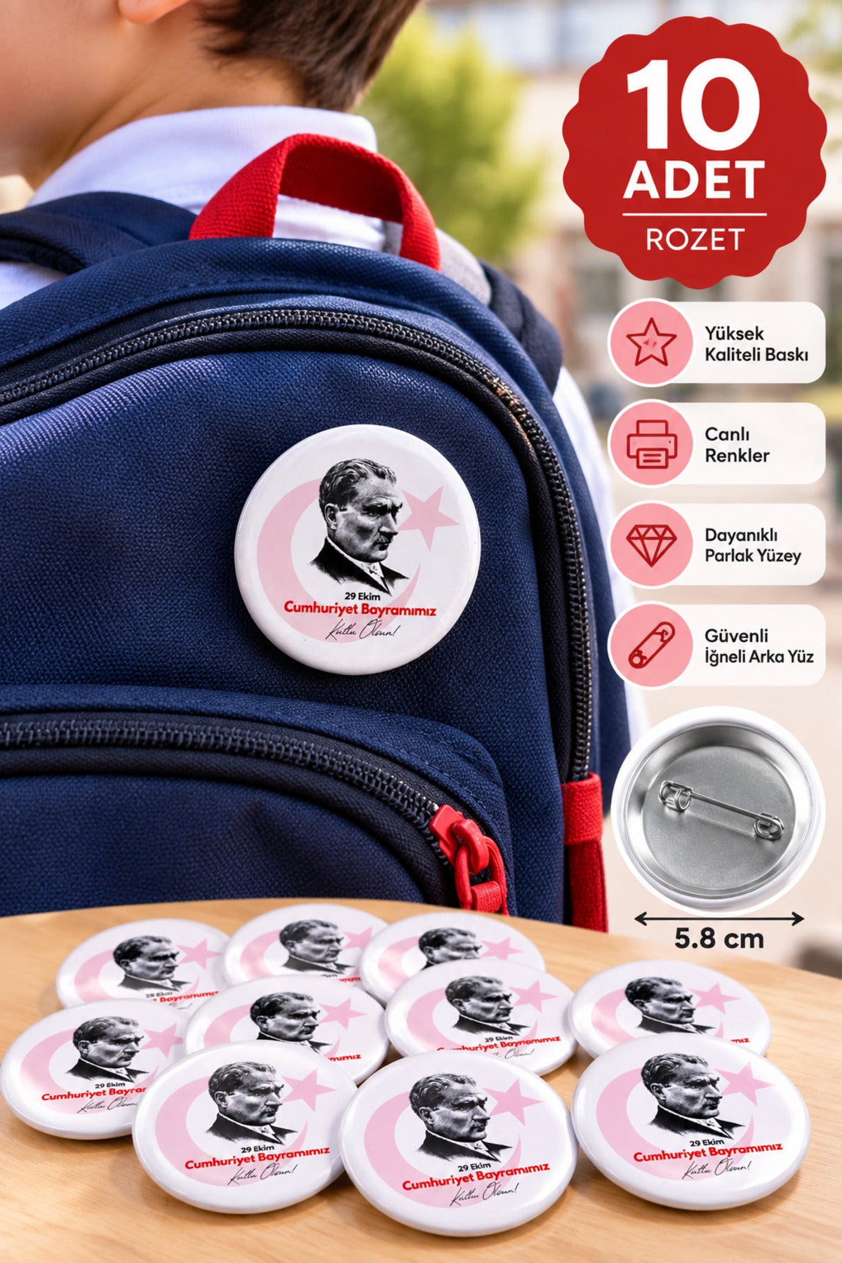 29 Ekim Cumhuriyet Bayramı Atatürk Rozet 10 adet (5.8 cm)